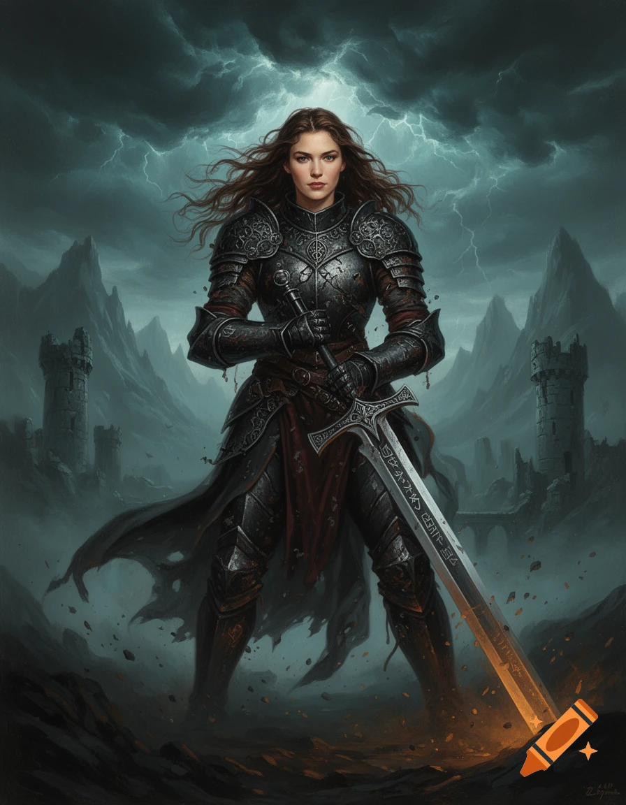 Fantasy female warrior in dark ornate knight armor holding a broadsword amidst a stormy landscape, oil painting style.