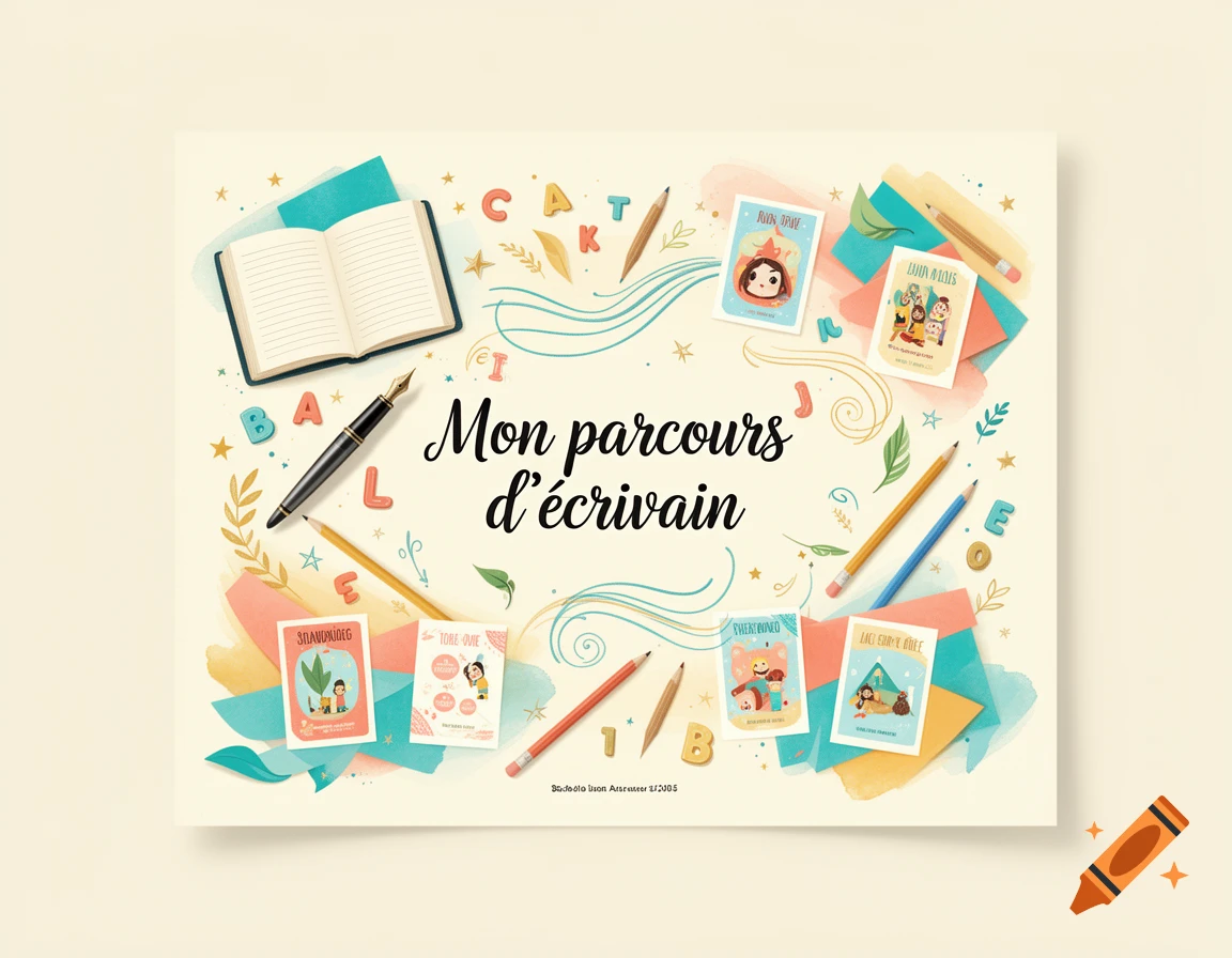 Colorful illustrated A5 landscape poster for school with the text 'Mon parcours d'écrivain' surrounded by writing supplies, books, and small drawings.