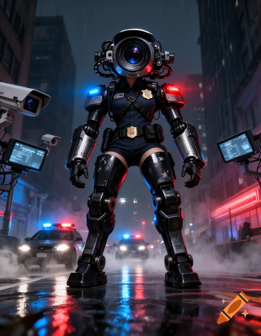 A full-body digital art of a sci-fi police character with a security camera for a head, standing in a rainy city street.