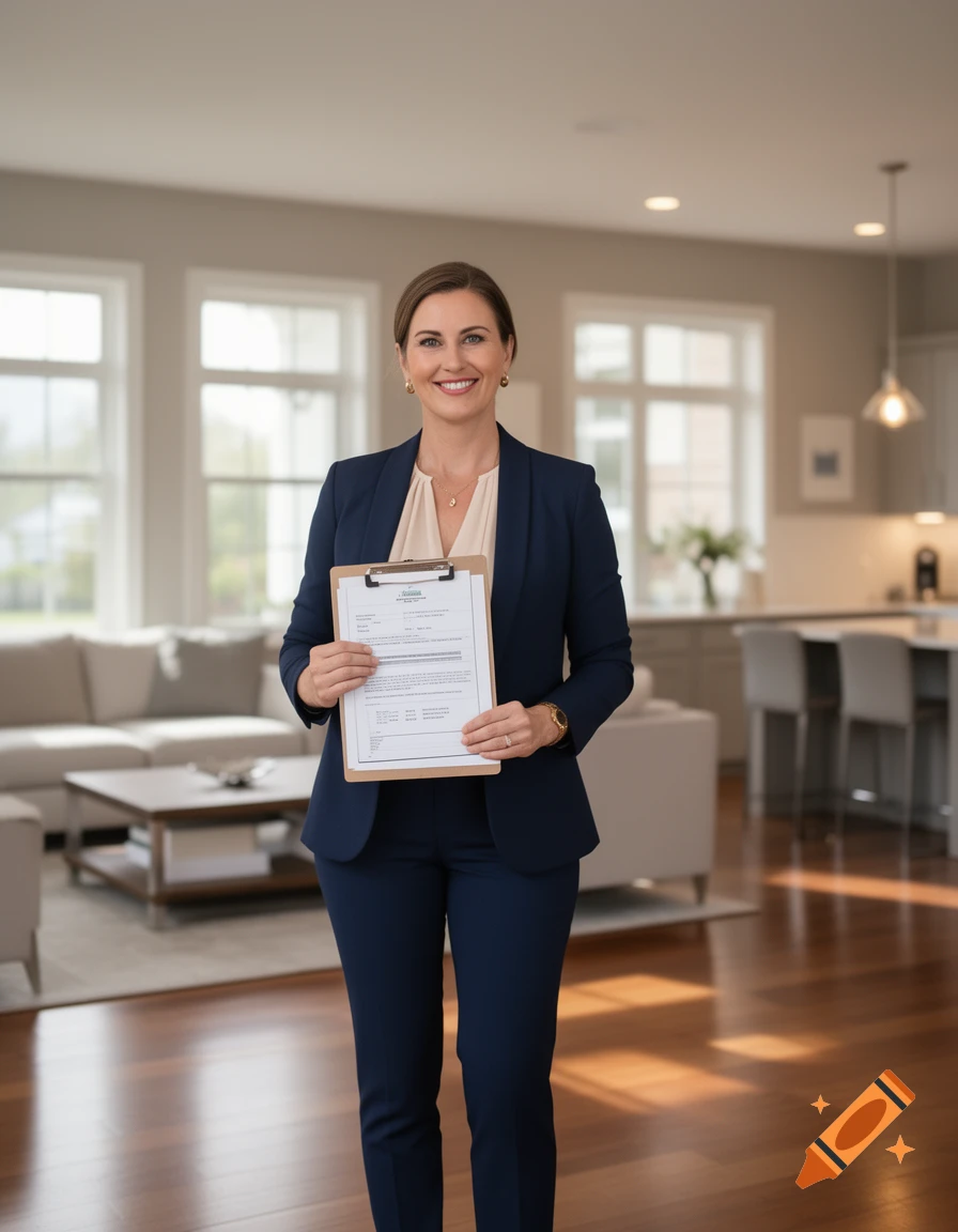 A professional real estate agent in a navy blue suit holding a clipboard in a modern living room, photorealistic.
