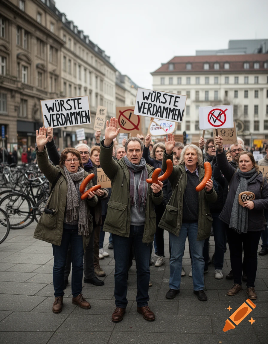 Photorealistic image of people protesting on a city street, holding signs and sausages.