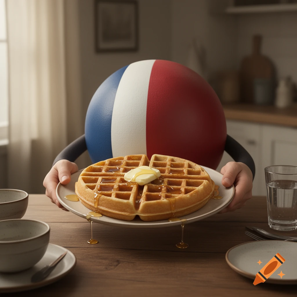 A France countryball character holding a plate of waffles with butter and syrup in a kitchen setting, photorealistic style.