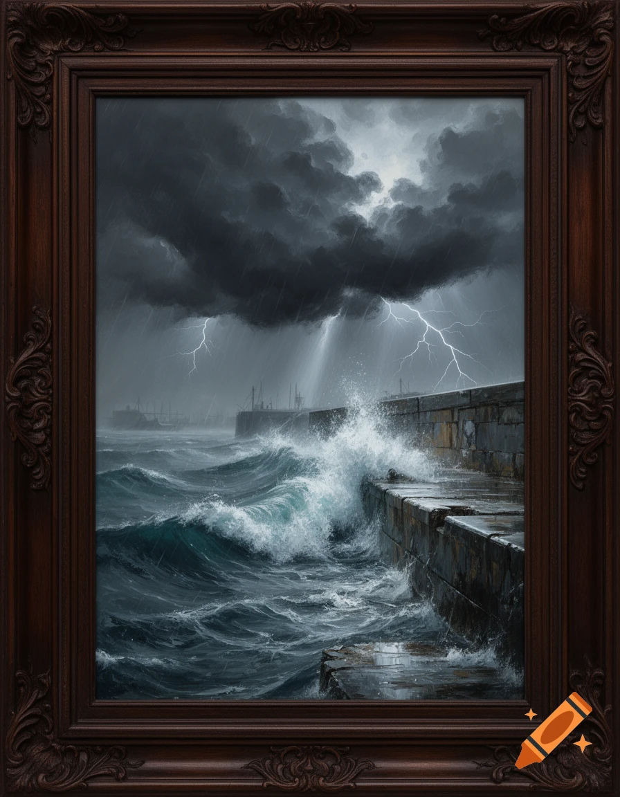 Oil painting of a stormy sea with large waves crashing against a stone seawall under a dark, cloudy sky with lightning.