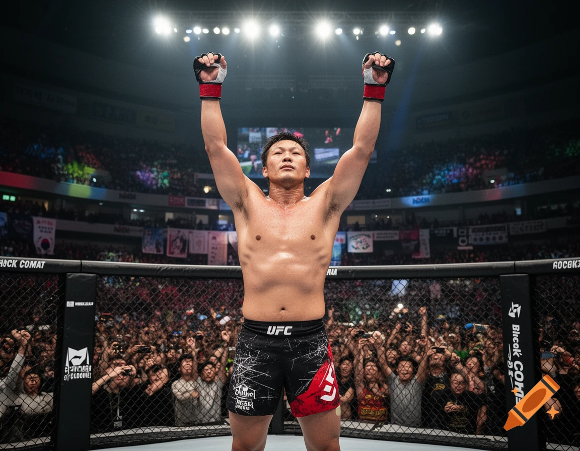 A photorealistic action shot of an MMA fighter celebrating a victory with arms raised inside a cage at a packed arena.