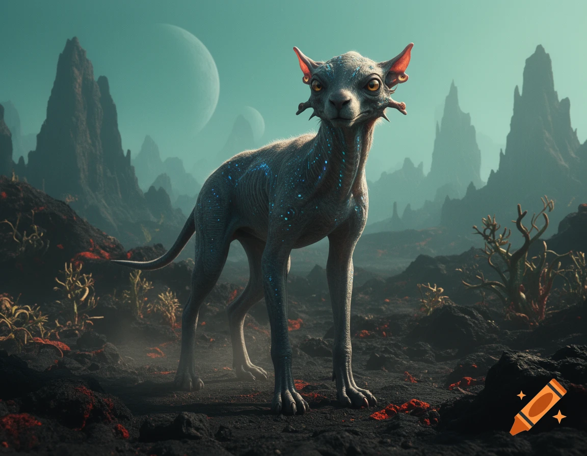 An alien animal with bioluminescent spots standing on a rocky, dark landscape with twin moons in the sky.