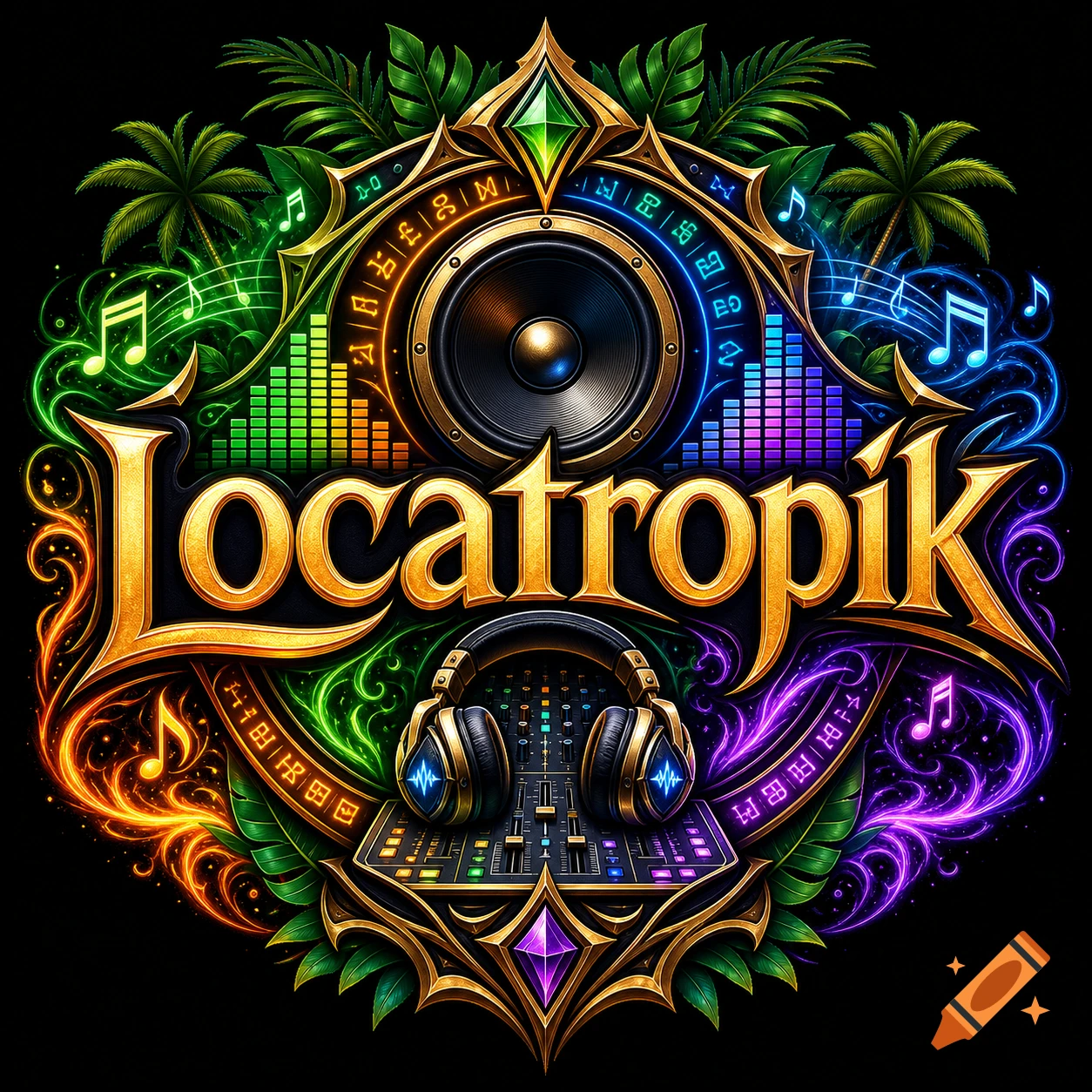 Colorful fantasy music logo featuring the text Locatropik, a speaker, dj mixer, headphones, and tropical elements.