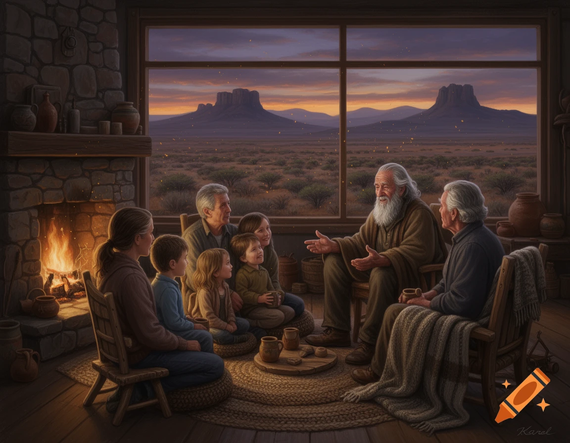 An elderly man with a long white beard tells a story to a family sitting around a warm fireplace, with a desert landscape visible through a large window.