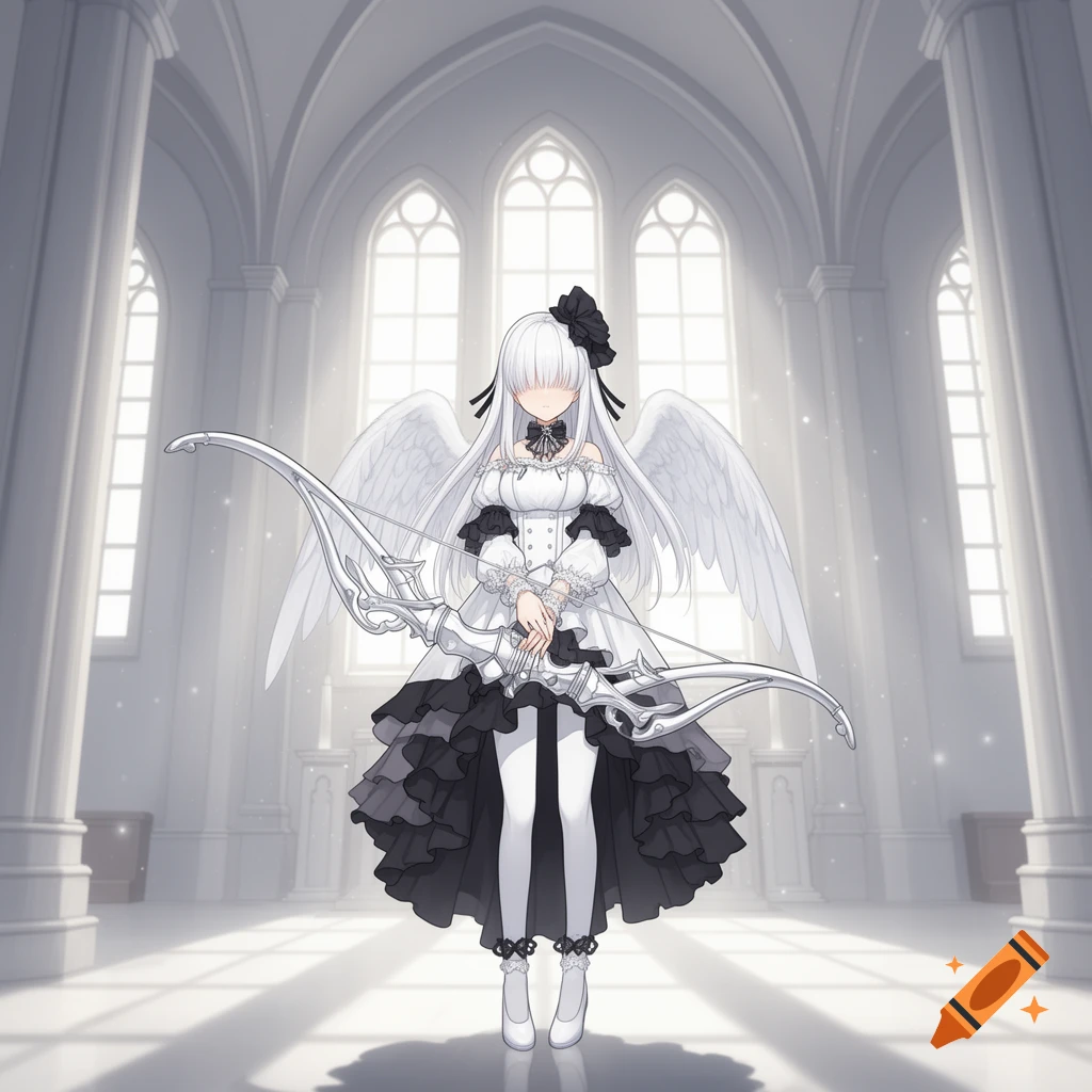Anime teenage girl with white hair covering her eyes, gothic dress, angel wings, and a silver bow in a church.