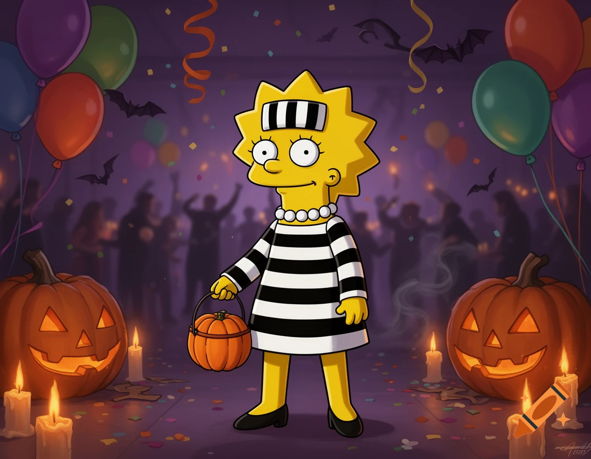 Lisa Simpson in a prisoner costume holding a pumpkin bucket at a Halloween party with jack-o-lanterns.