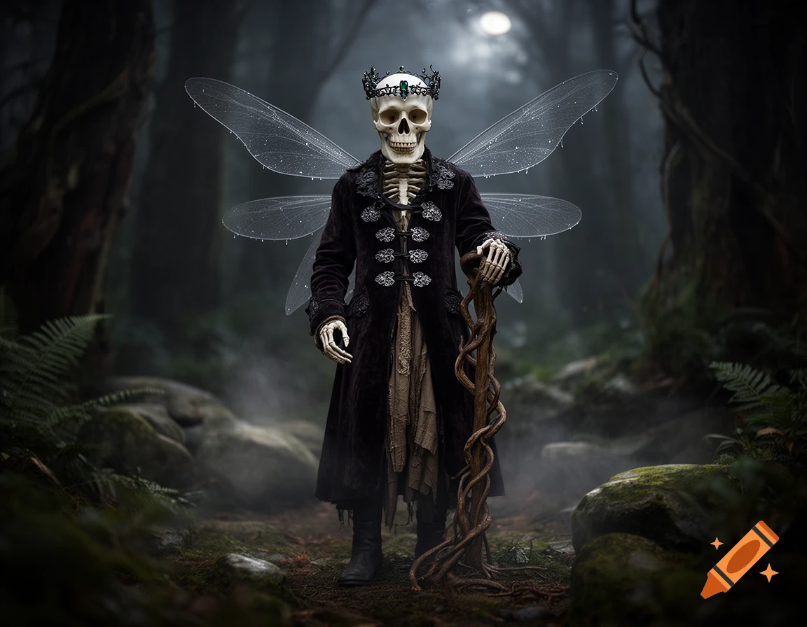 Photorealistic image of a skeletal fairy king wearing a black crown and velvet coat with translucent wings, standing in a misty dark forest.