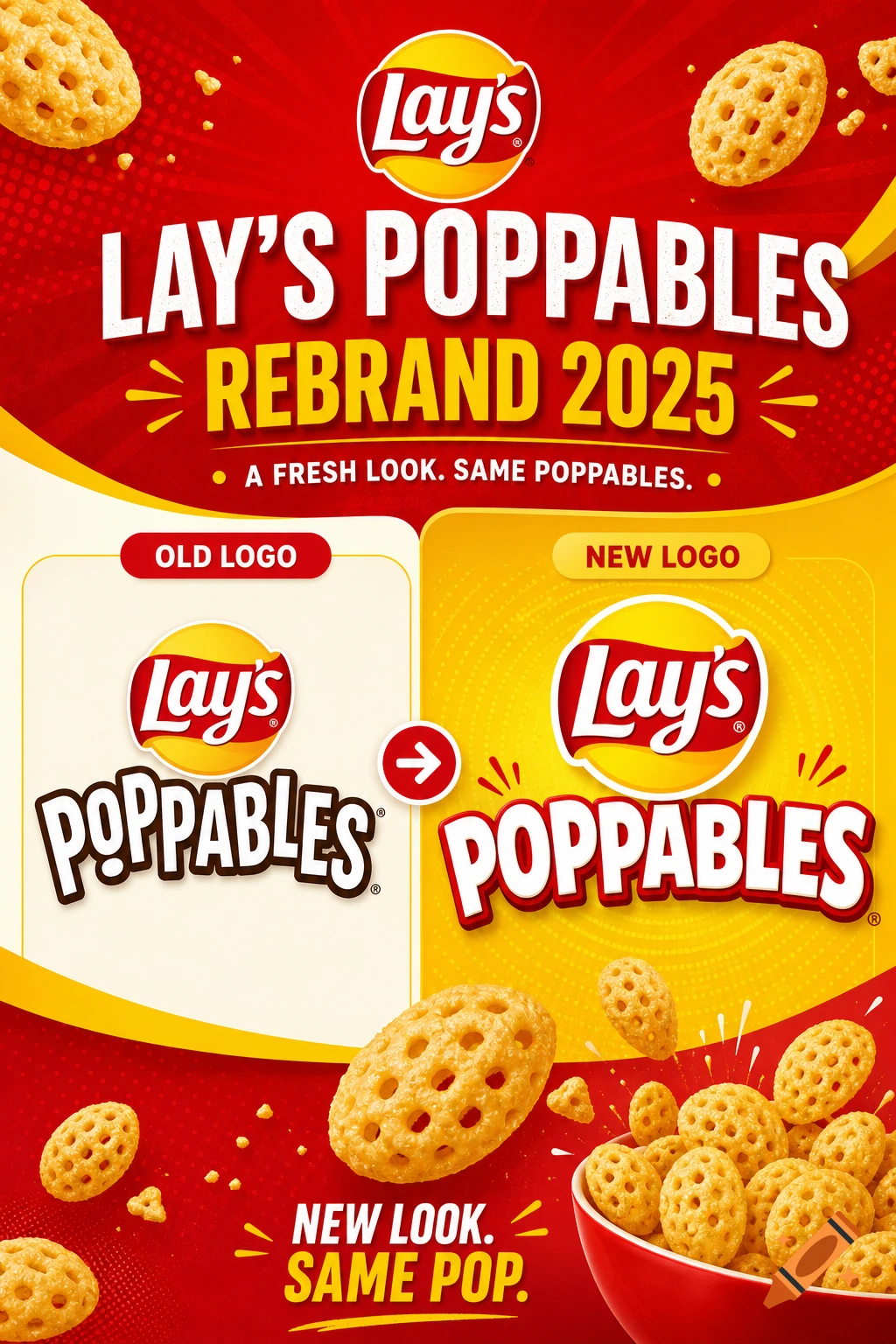 An advertisement for Lay's Poppables rebranding in 2025 showing the old and new logos alongside bowls and piles of puffed snacks.