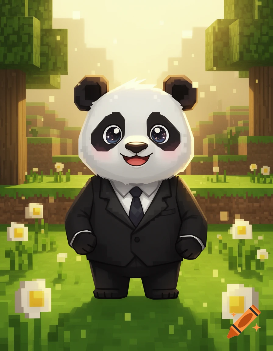 A friendly panda wearing a black suit and tie in a Minecraft-style blocky forest with white flowers, cartoony digital art.