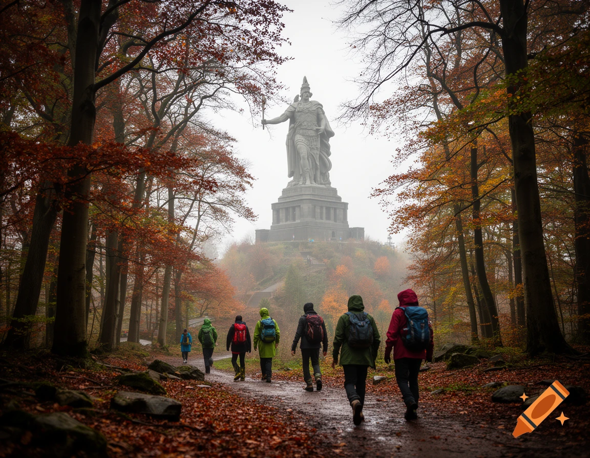 Group of hikers walking on a forest trail in autumn toward the Herman Monument in the background.