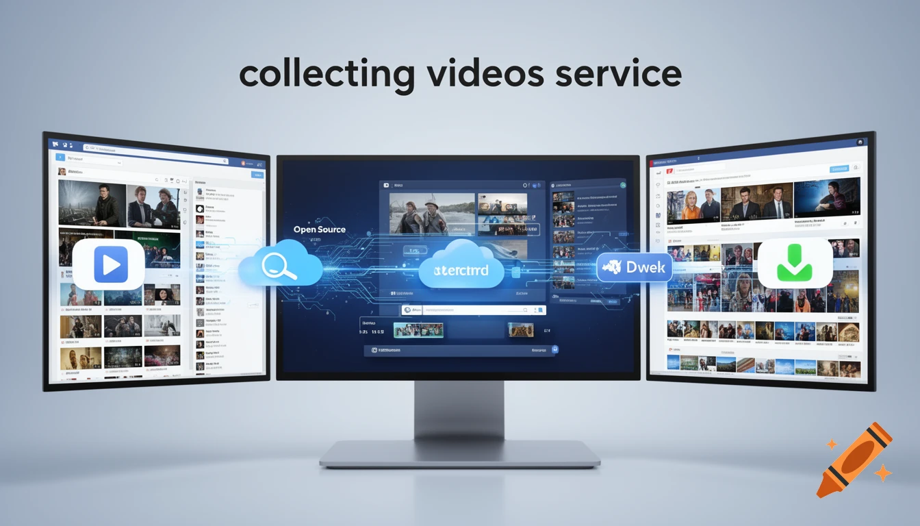 Three computer monitors displaying a video collection service with open source and social media interfaces.