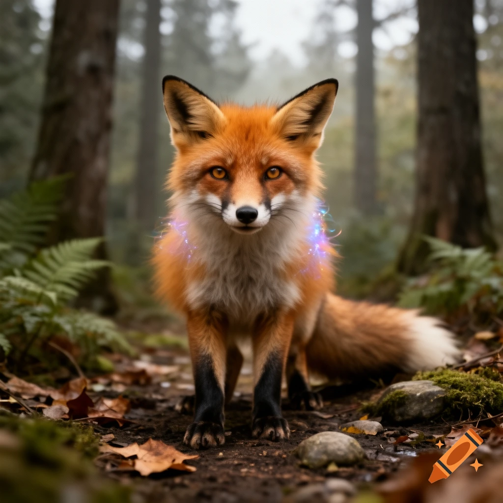 Photorealistic red fox with glowing iridescent fur standing on a forest path among ferns and autumn leaves.