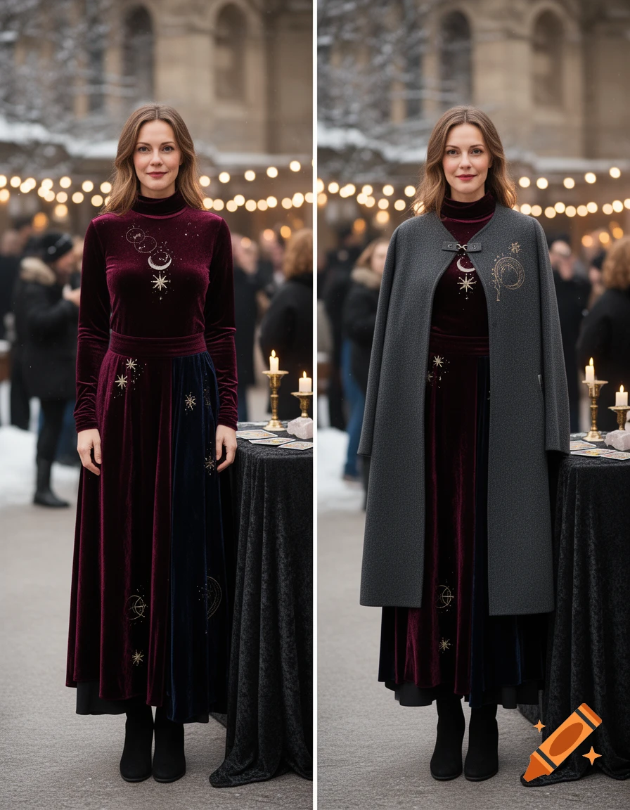 Split view photorealistic image of a woman in a velvet winter dress with celestial embroidery, shown with and without a grey coat.