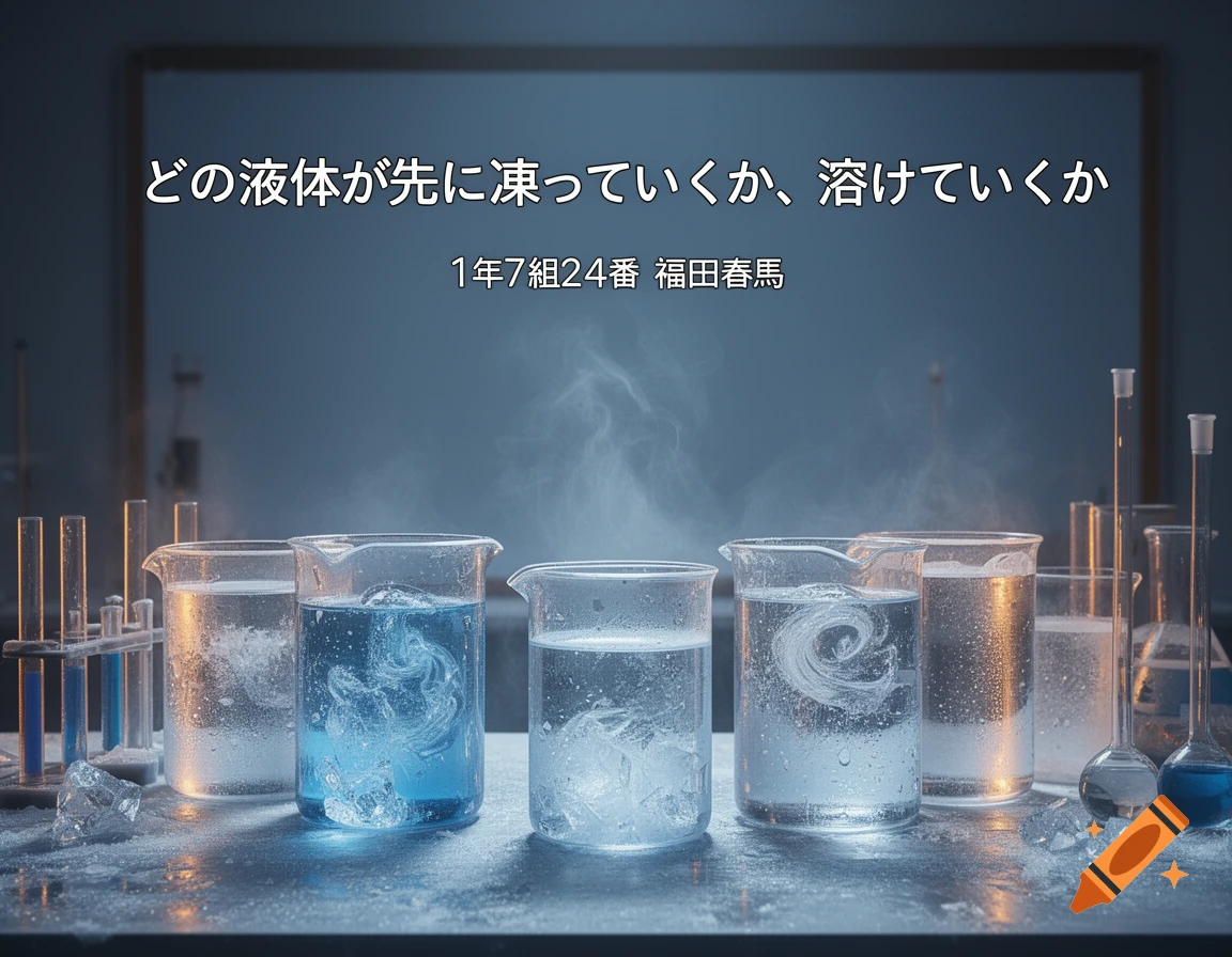 Beakers with various liquids and ice on a table in a science classroom, with Japanese text overlay.