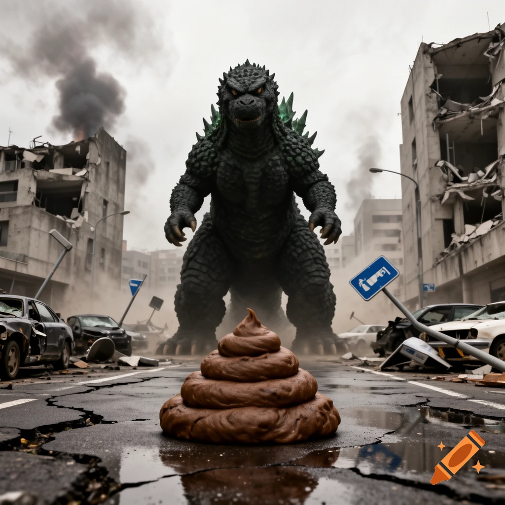 A giant pile of poop sits in the foreground of a ruined city street, with Godzilla looming in the background.
