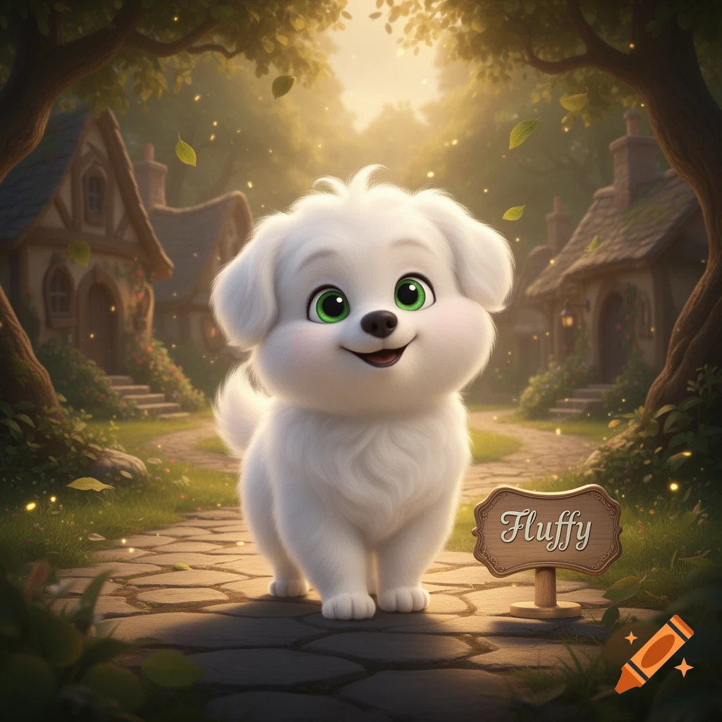 A small, fluffy white puppy with large green eyes stands on a cobblestone path in a fairytale village, beside a sign reading "Fluffy".