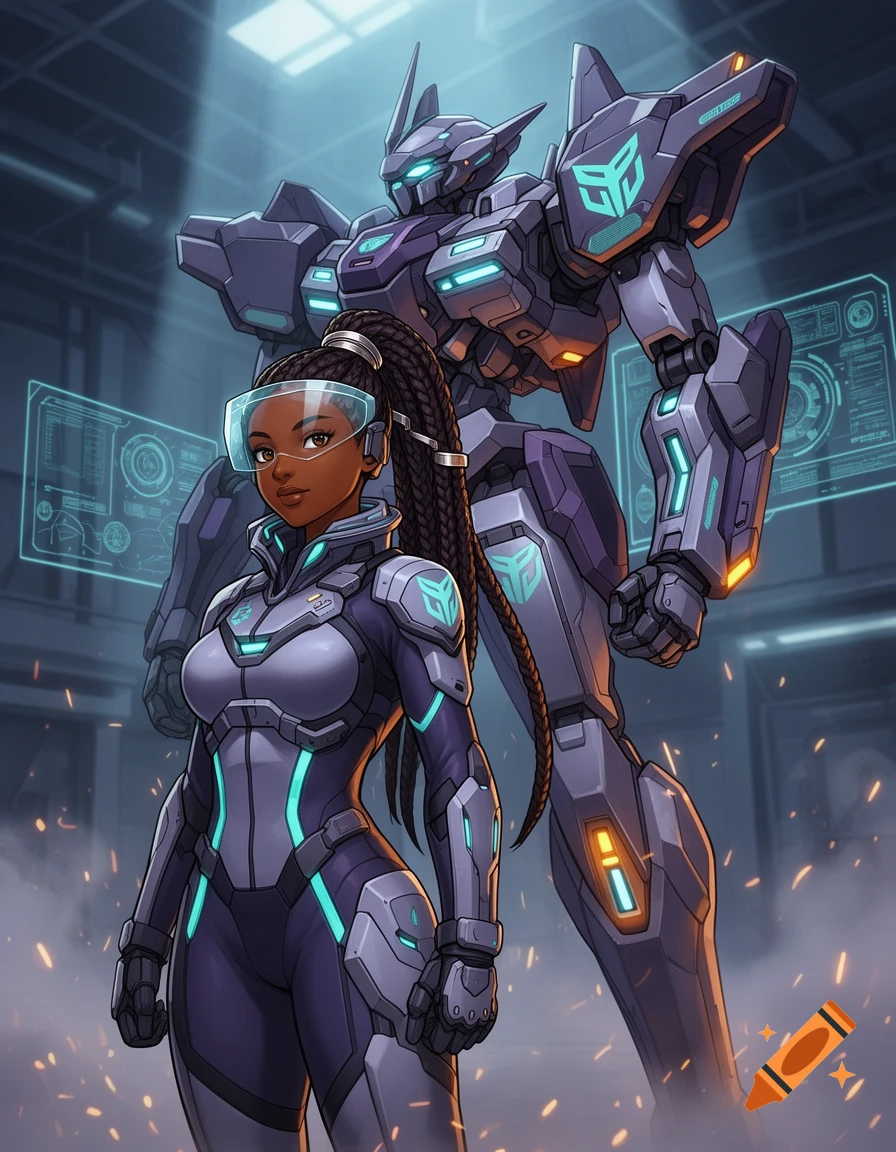 Anime style illustration of a Black female mecha pilot in futuristic armor standing in front of a large mecha robot in a hangar.