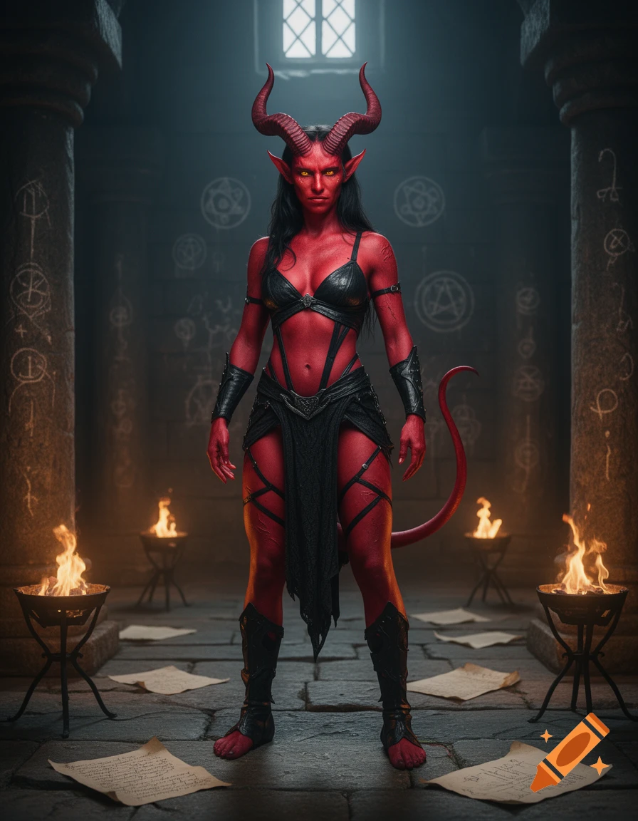 Full-body photorealistic shot of a red tiefling demon with horns and tail in a dark stone dungeon with ritualistic symbols.