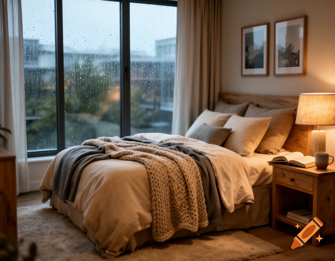 Photorealistic cozy bedroom interior with a large window showing rain outside, warm bedside lamp, and knitted blanket.
