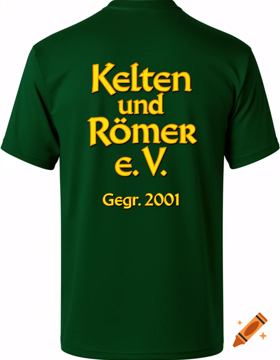 Dark green t-shirt viewed from the back with yellow text reading Kelten und Römer e.V. and Gegr. 2001.