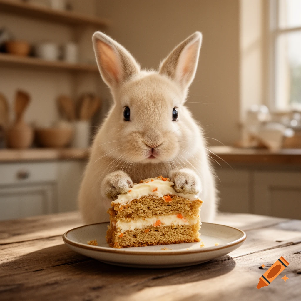 Photorealistic image of a cute cream-colored rabbit holding a slice of carrot cake on a wooden table in a kitchen.