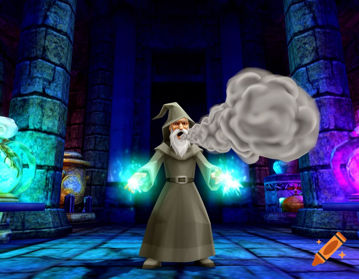 A low-poly 3D wizard in a dungeon blowing a cloud of smoke, rendered in a late 1990s retro video game style.