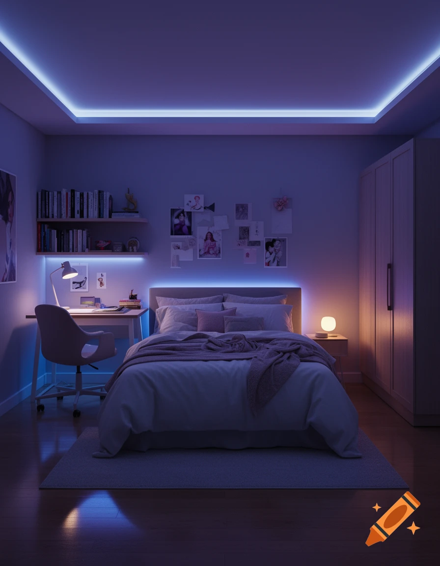 Modern teenage bedroom with a bed, desk, bookshelf, wardrobe, and purple LED strip lighting.