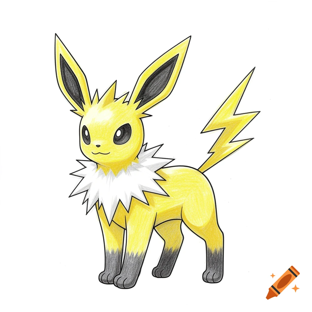 Hand-drawn illustration of Jolteon, a yellow electric Pokémon with a spiky white collar and lightning-shaped tail.