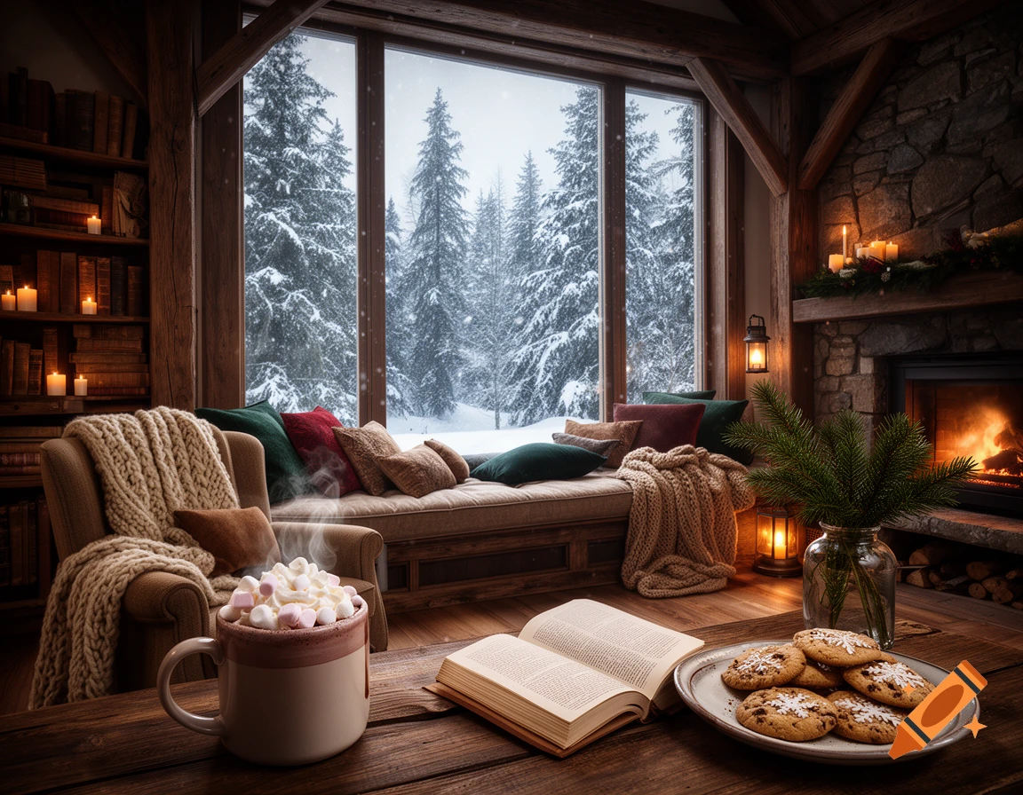 Cozy rustic room with a large window looking out at a snowy pine forest, a mug of hot cocoa, a book, and a fireplace.