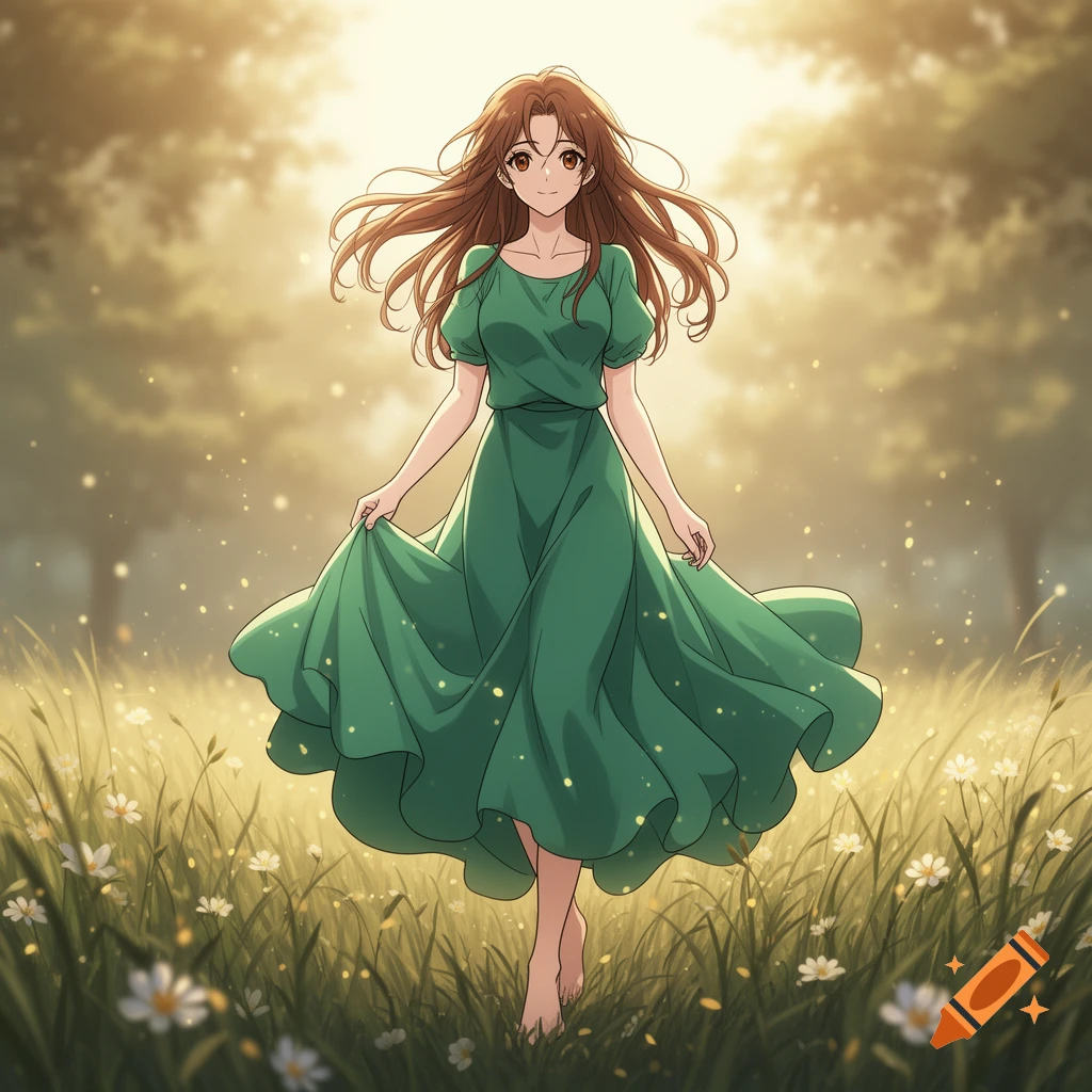 Anime style illustration of a woman in a long green dress walking barefoot through a field of white flowers in a sunlit forest.