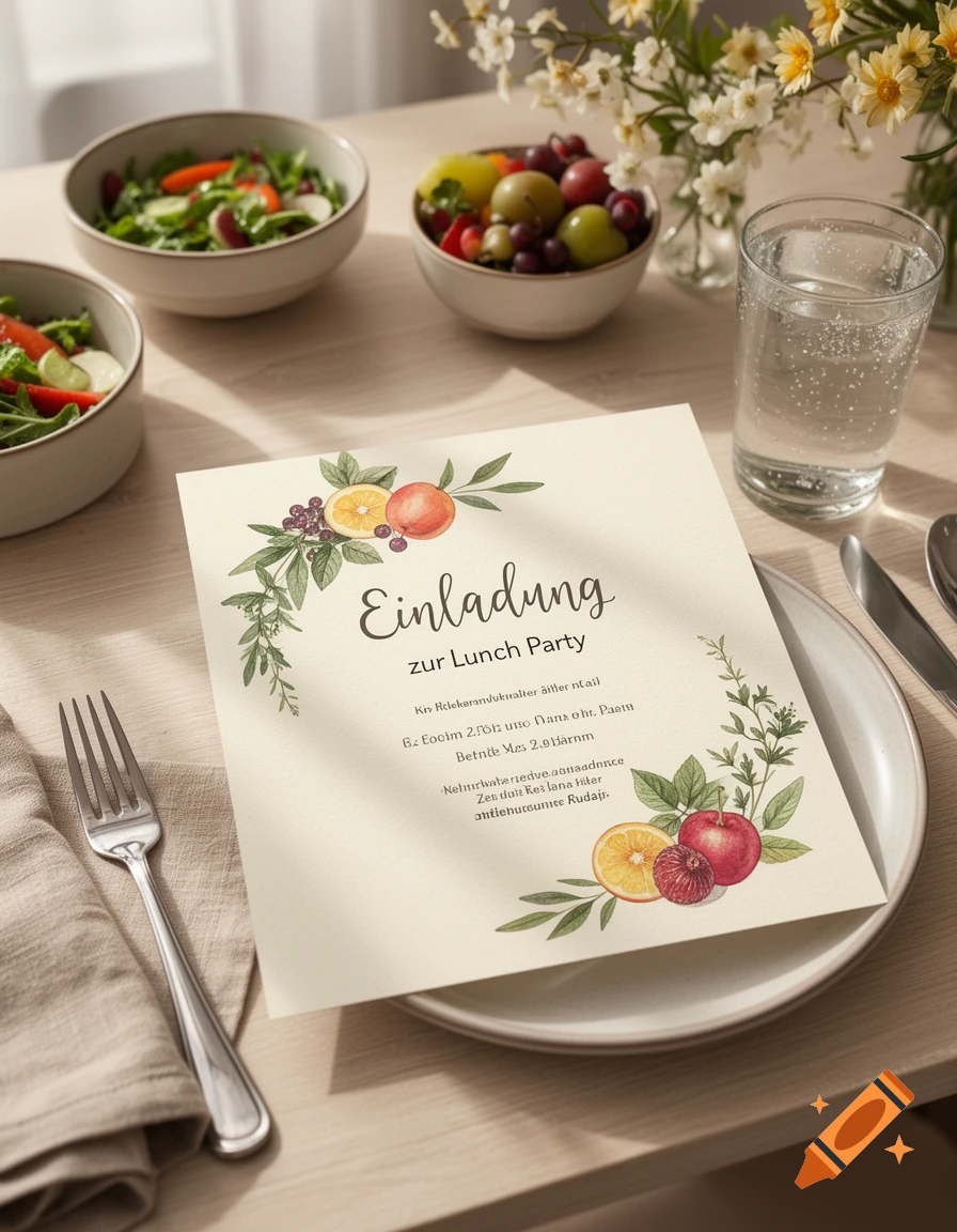 An invitation card for a lunch party placed on a plate, surrounded by bowls of salad, fruit, and a glass of water on a wooden table.