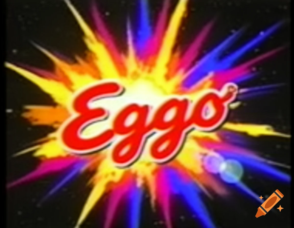 Vintage Eggo logo over a colorful supernova explosion in space, 90s style low-quality aesthetic.