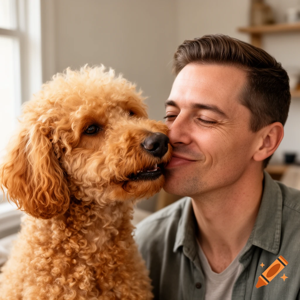 Photorealistic close-up of a man with closed eyes getting a kiss on the cheek from a fluffy apricot poodle.