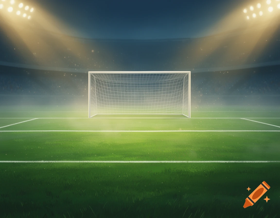 Soccer goal and field under stadium floodlights at night, digital art style.