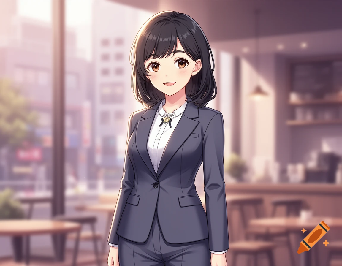 An anime-style illustration of a cute Japanese woman wearing a business suit in a cafe.