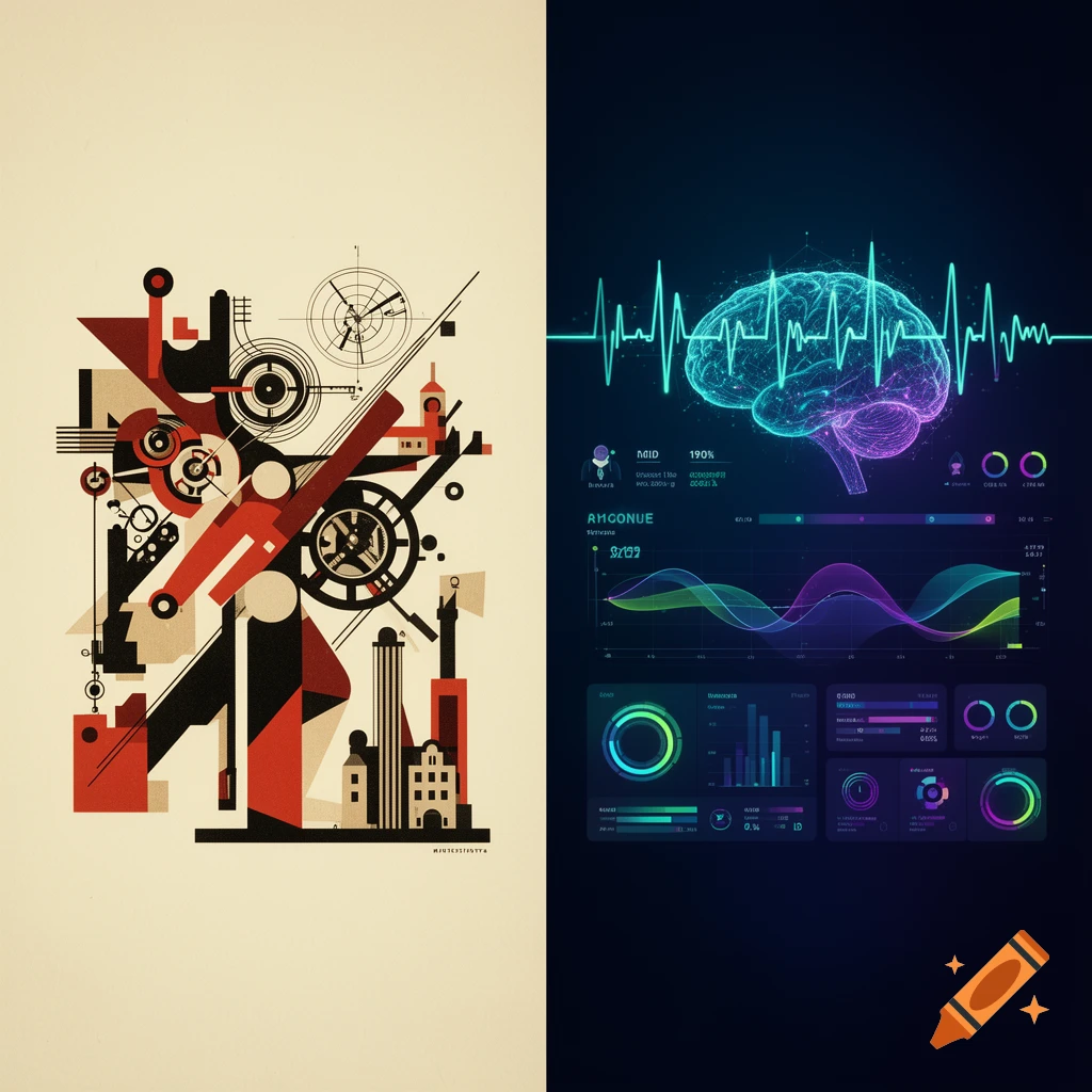 Split image comparing a 1920s constructivist geometric machine illustration with a modern technological brain scan dashboard.
