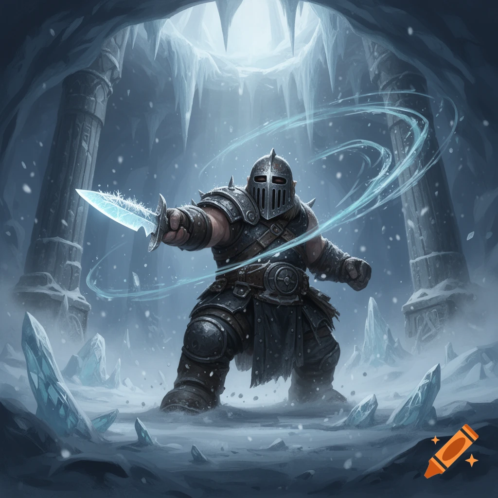 Digital illustration of a heavily armored duergar warrior in an icy cave, holding and throwing a glowing ice dagger.