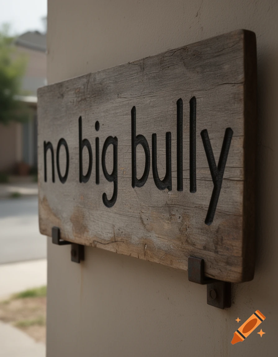 A wooden sign mounted on a beige wall reading no big bully.