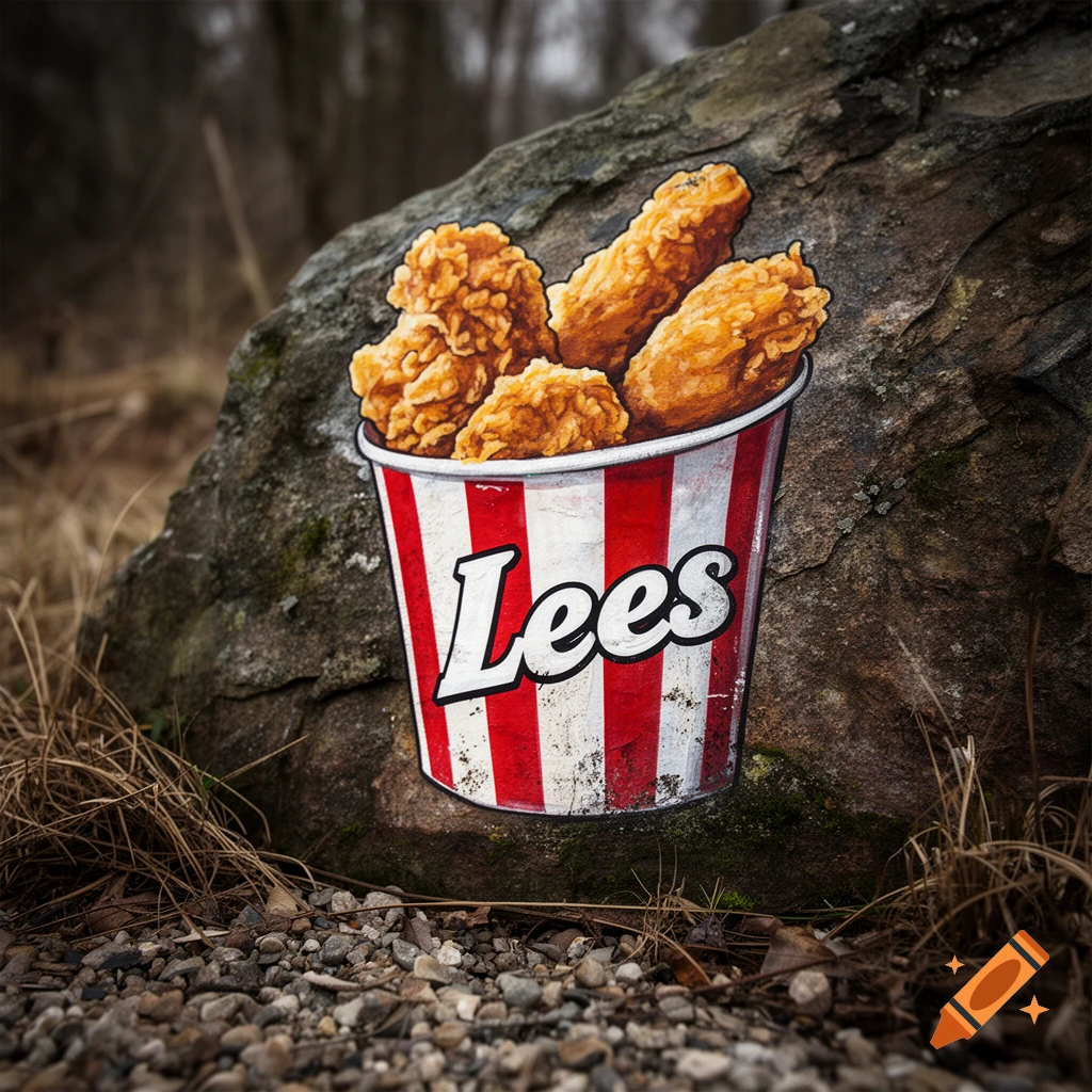 A painted bucket of Lees fried chicken with red and white stripes on a large natural rock, outdoors.