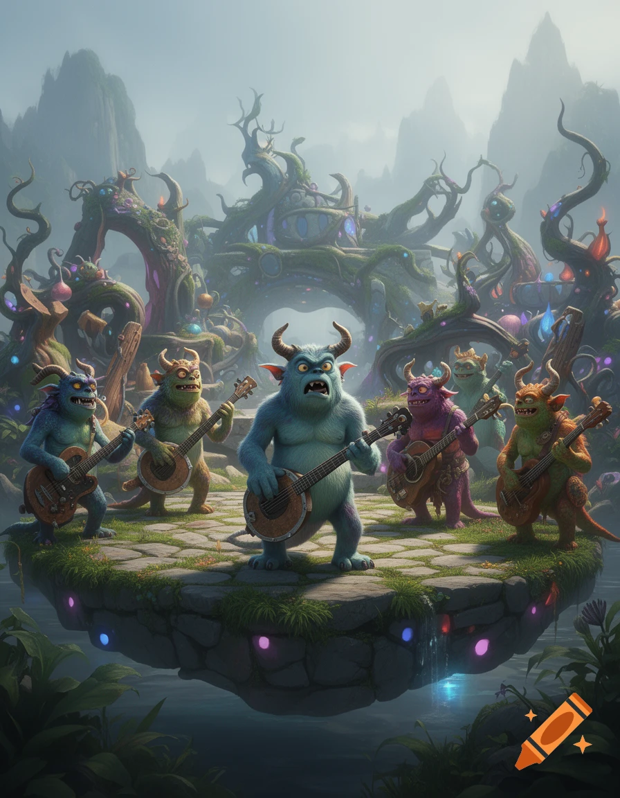 Colorful fantasy monsters playing string instruments on a floating stone stage in a misty landscape.