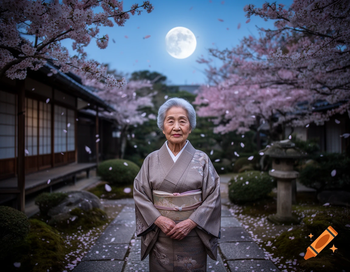 Photorealistic image of an elderly Japanese woman in a kimono standing in a courtyard filled with cherry blossoms under a full moon.