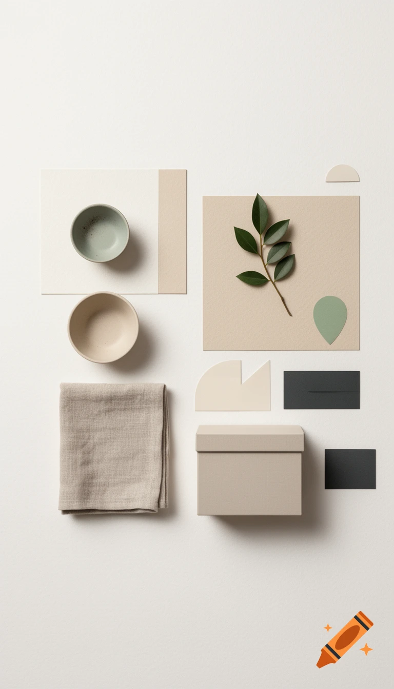 Minimalist flat lay composition on a light background with bowls, a linen napkin, paper sheets, cards, and a leafy twig.