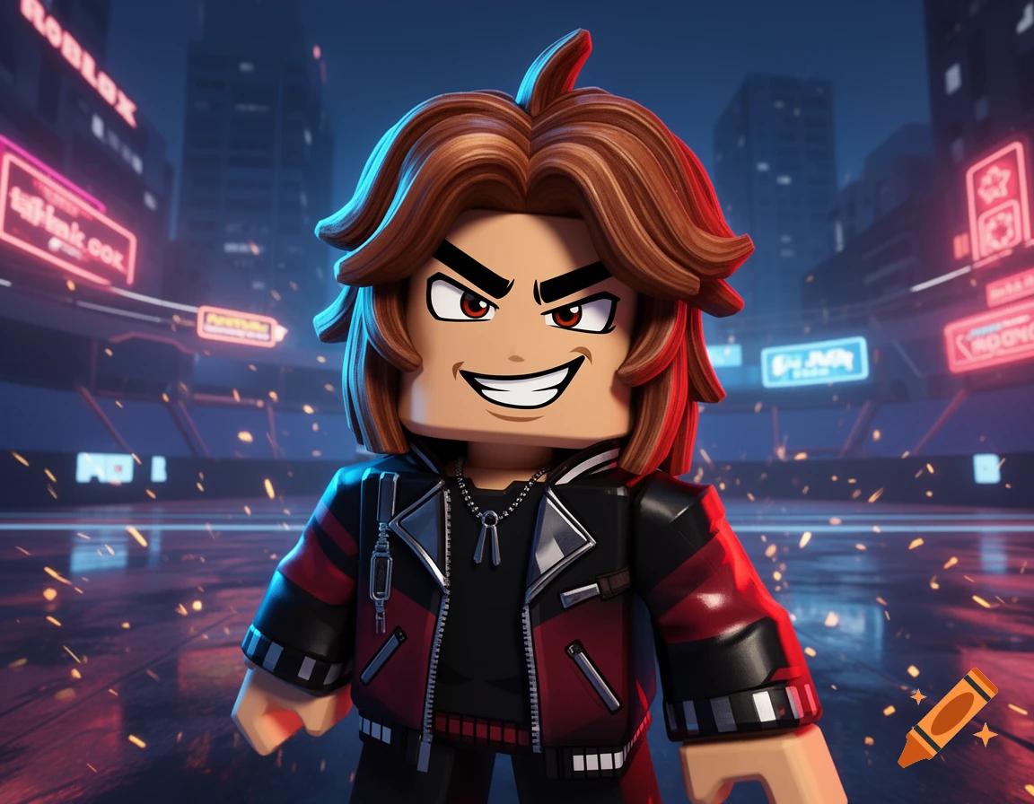 3D digital illustration of a male Roblox character with a smirk and brown hair in a neon-lit city.