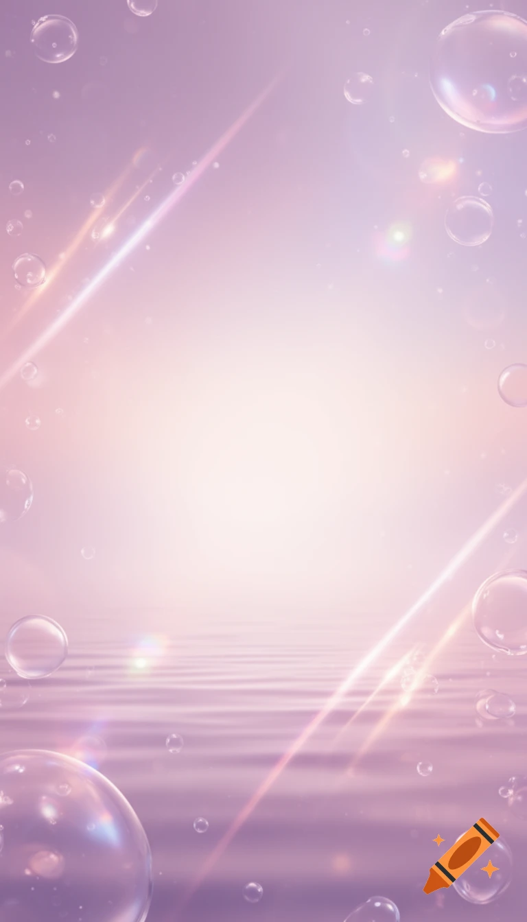 Vertical pastel mauve and pink background with glowing water bubbles and light leaks.