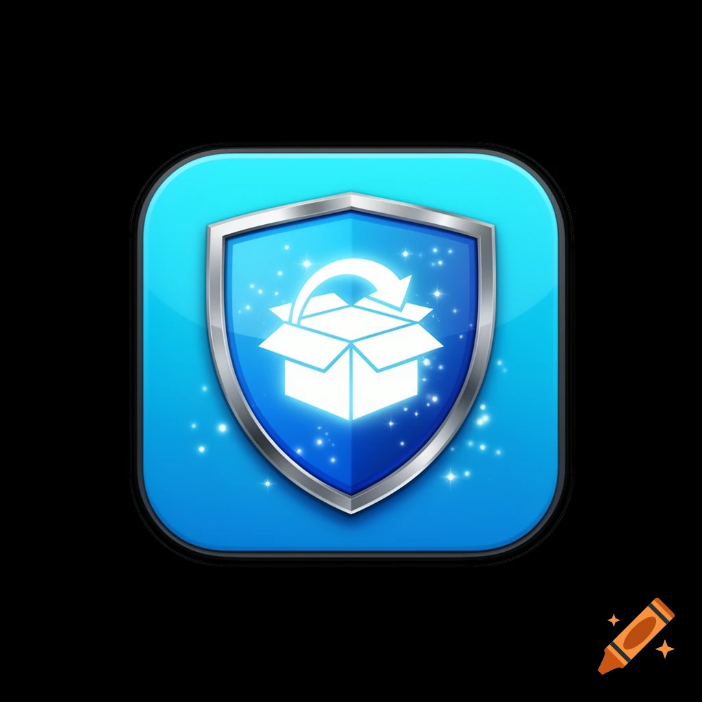 3D glossy cyan blue app icon featuring a metallic shield and an open cardboard box with a return arrow.