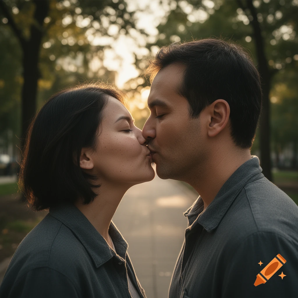 Close-up photorealistic shot of a man and a woman kissing outdoors in a park during golden hour.
