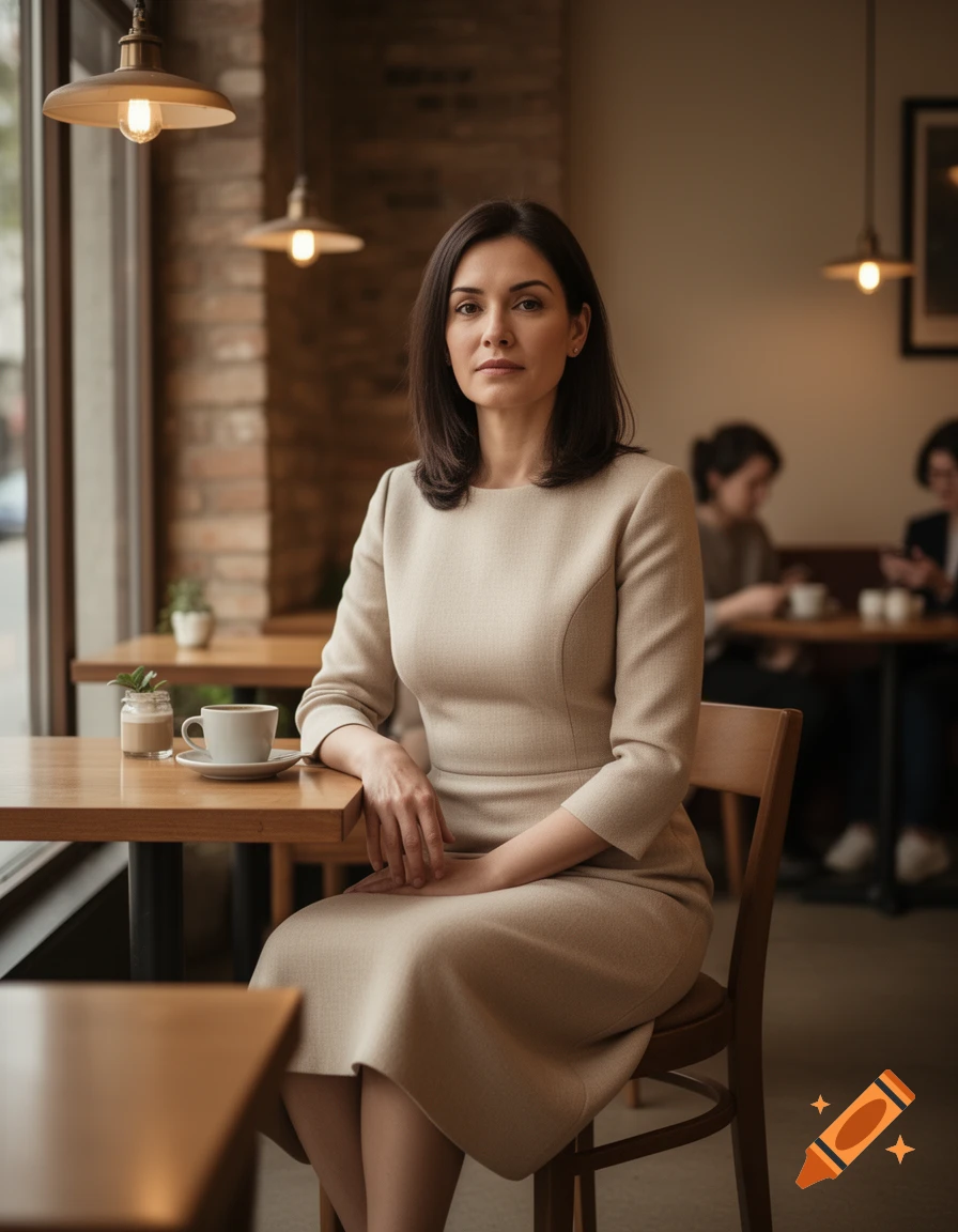 Photorealistic portrait of a woman sitting at a wooden table in a cozy cafe, wearing a beige dress.